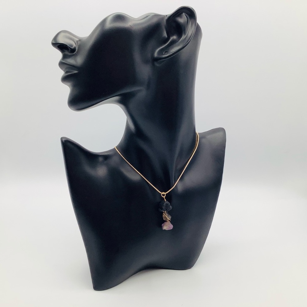 ❤️NEW Necklace Raw Black Tourmaline Smoky Quartz Amethyst Dainty Chain Gold Tone